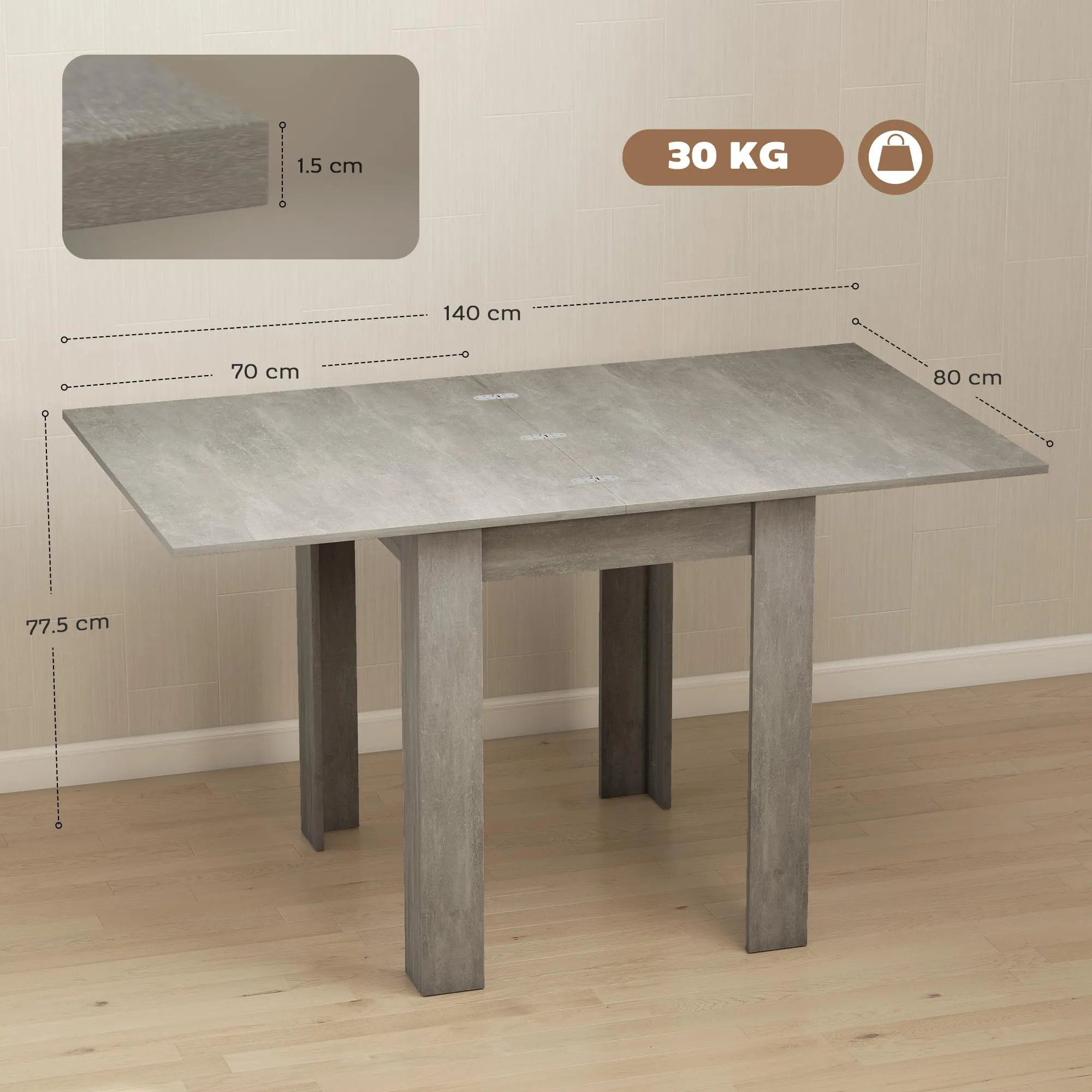HOMCOM Tavolo da Pranzo Allungabile 70-140cm per 4-6 Persone, Grigio Effetto Legno - immagine 6