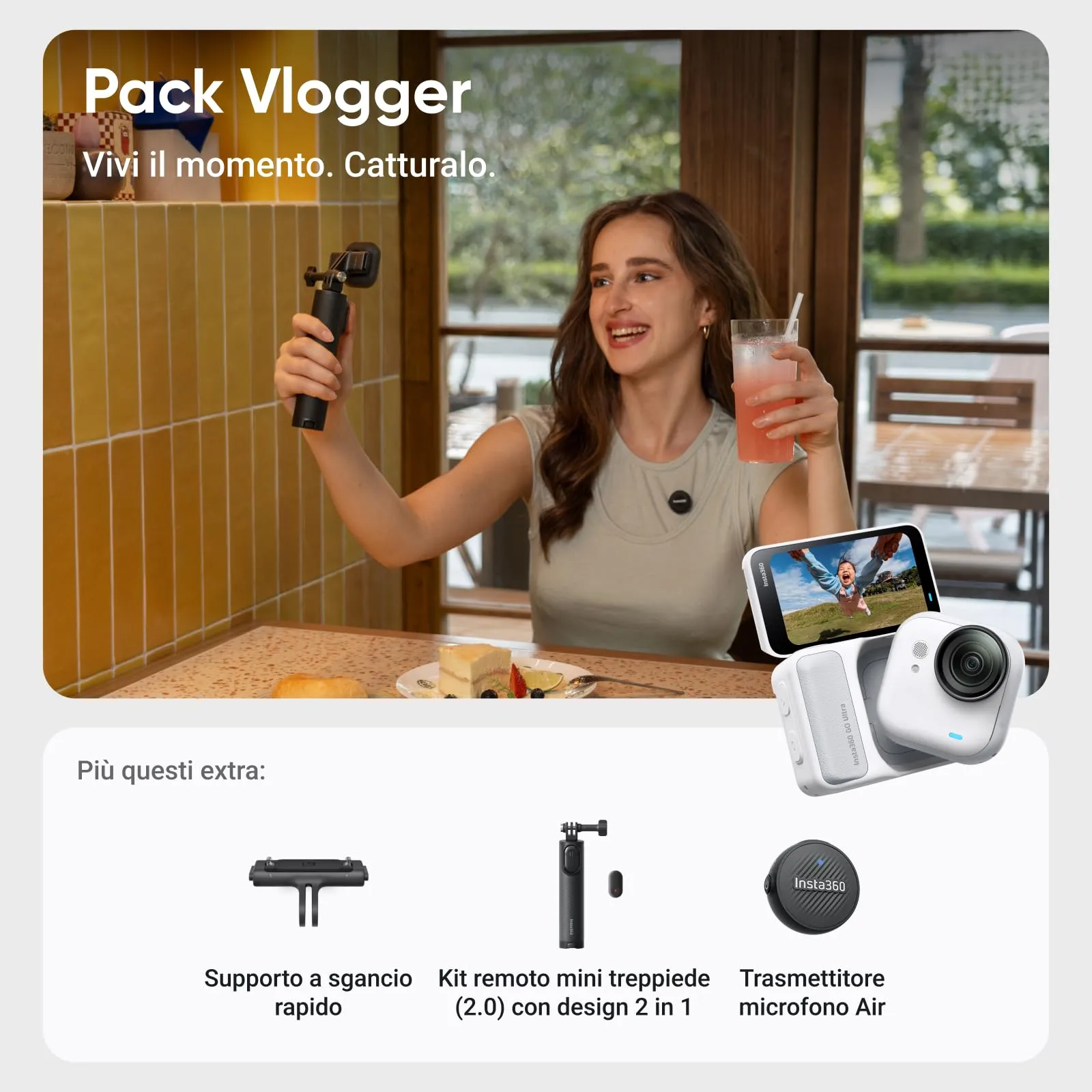 Insta360 GO Ultra Pack Bianco Artico - Action Cam Mini 4K, FlowState, Impermeabile 10m - immagine 10