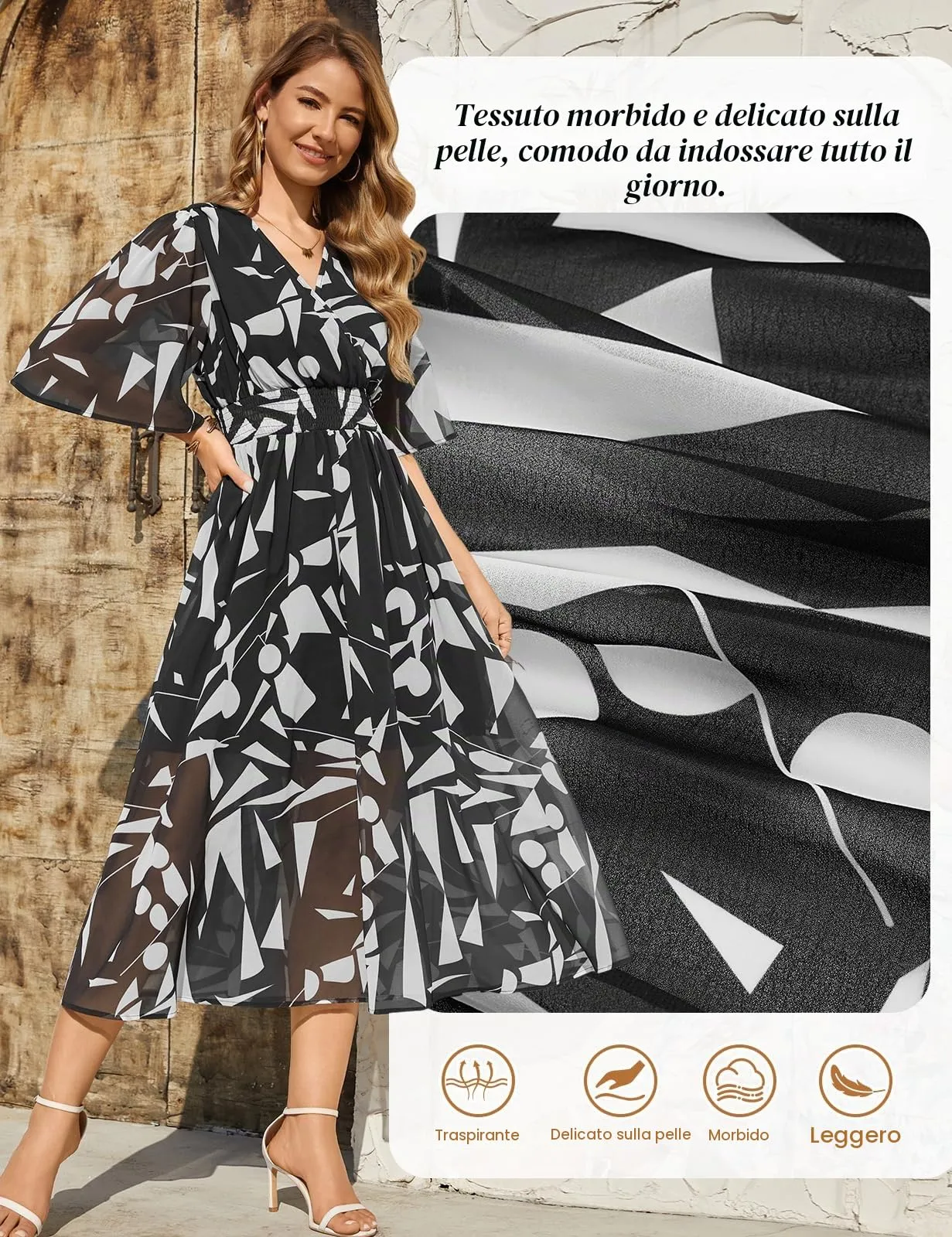 PASUDA Abito Lungo Estivo Donna Scollo a V Stampa Floreale Manica Corta (Quadrati Neri, XL) - immagine 5