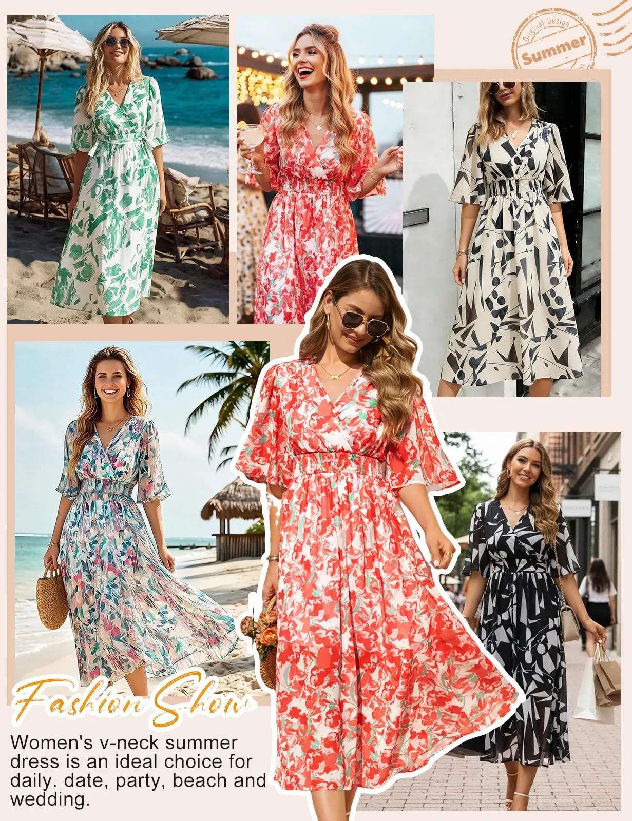 PASUDA Abito Lungo Estivo Donna Scollo a V Stampa Floreale Manica Corta (Fiori Rossi, XXL) - immagine 7