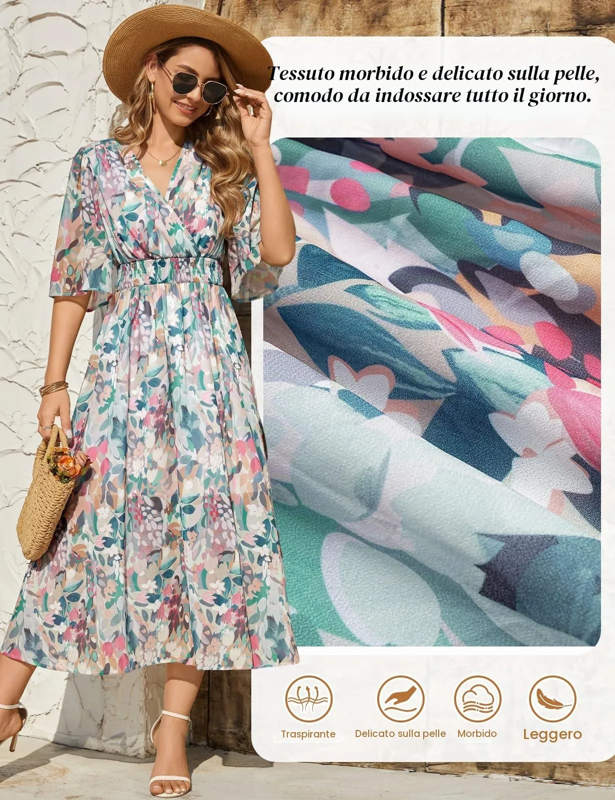 PASUDA Abito Lungo Estivo Donna, Manica Corta, Scollo a V, Stampa Floreale, Fiori Colorati, XL - immagine 5
