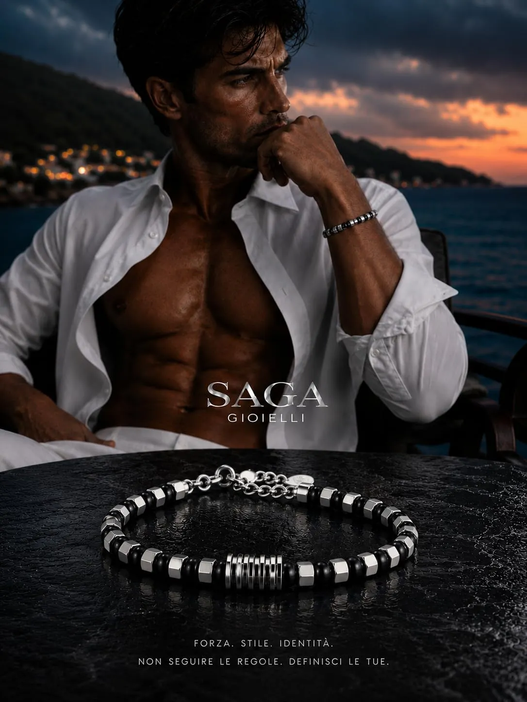 SAGA GIOIELLI Bracciale Uomo in Acciaio Inossidabile Regolabile 17,5 + 3,5 cm Nero-Argento - immagine 2