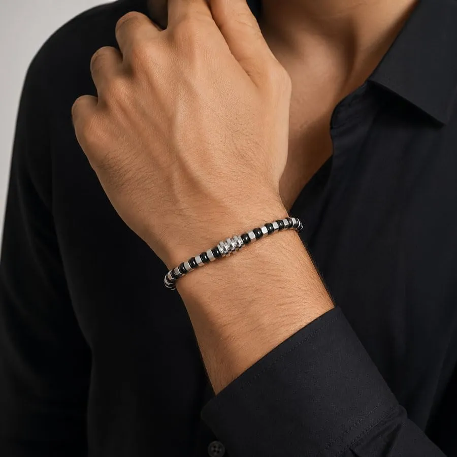 SAGA GIOIELLI Bracciale Uomo in Acciaio Inossidabile Regolabile 17,5 + 3,5 cm Nero-Argento - immagine 3