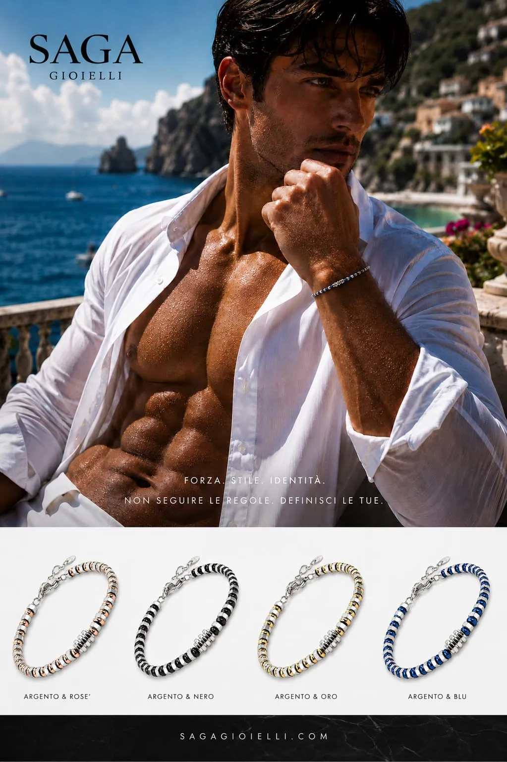 SAGA GIOIELLI Bracciale Uomo in Acciaio Inossidabile Regolabile 17,5 + 3,5 cm Nero-Argento - immagine 4
