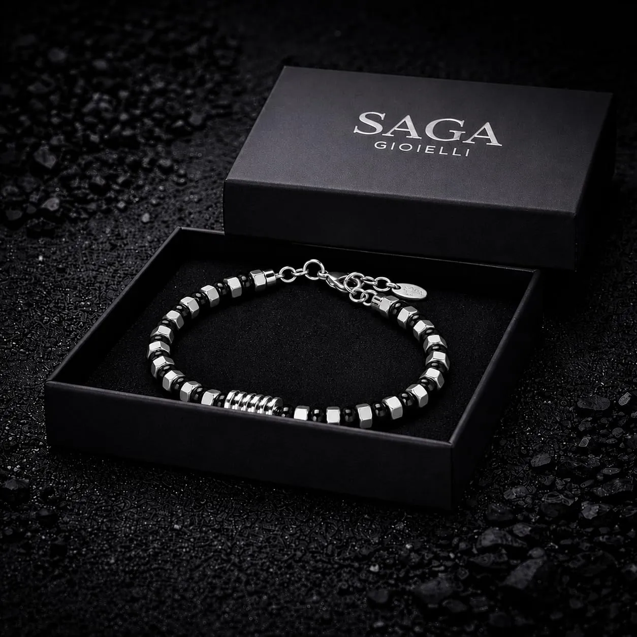 SAGA GIOIELLI Bracciale Uomo in Acciaio Inossidabile Regolabile 17,5 + 3,5 cm Nero-Argento - immagine 6