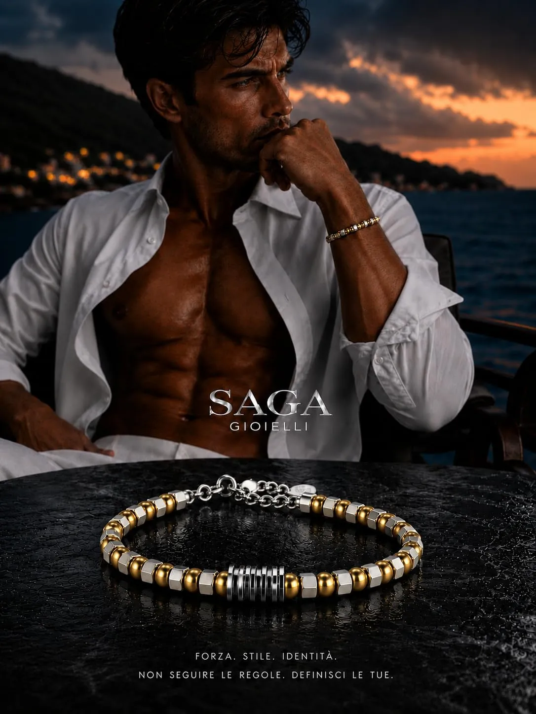 SAGA GIOIELLI Bracciale Uomo in Acciaio Inossidabile Regolabile 17,5 + 3,5 cm Dorato-Argento - immagine 2