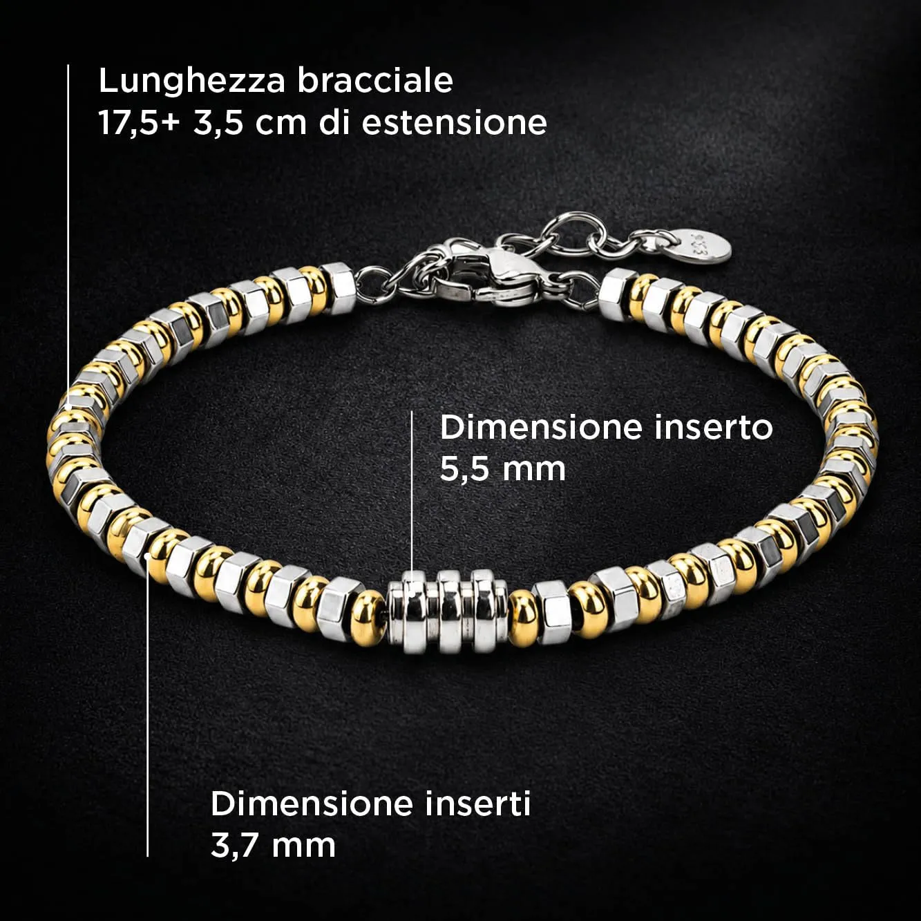 SAGA GIOIELLI Bracciale Uomo in Acciaio Inossidabile Regolabile 17,5 + 3,5 cm Dorato-Argento - immagine 5