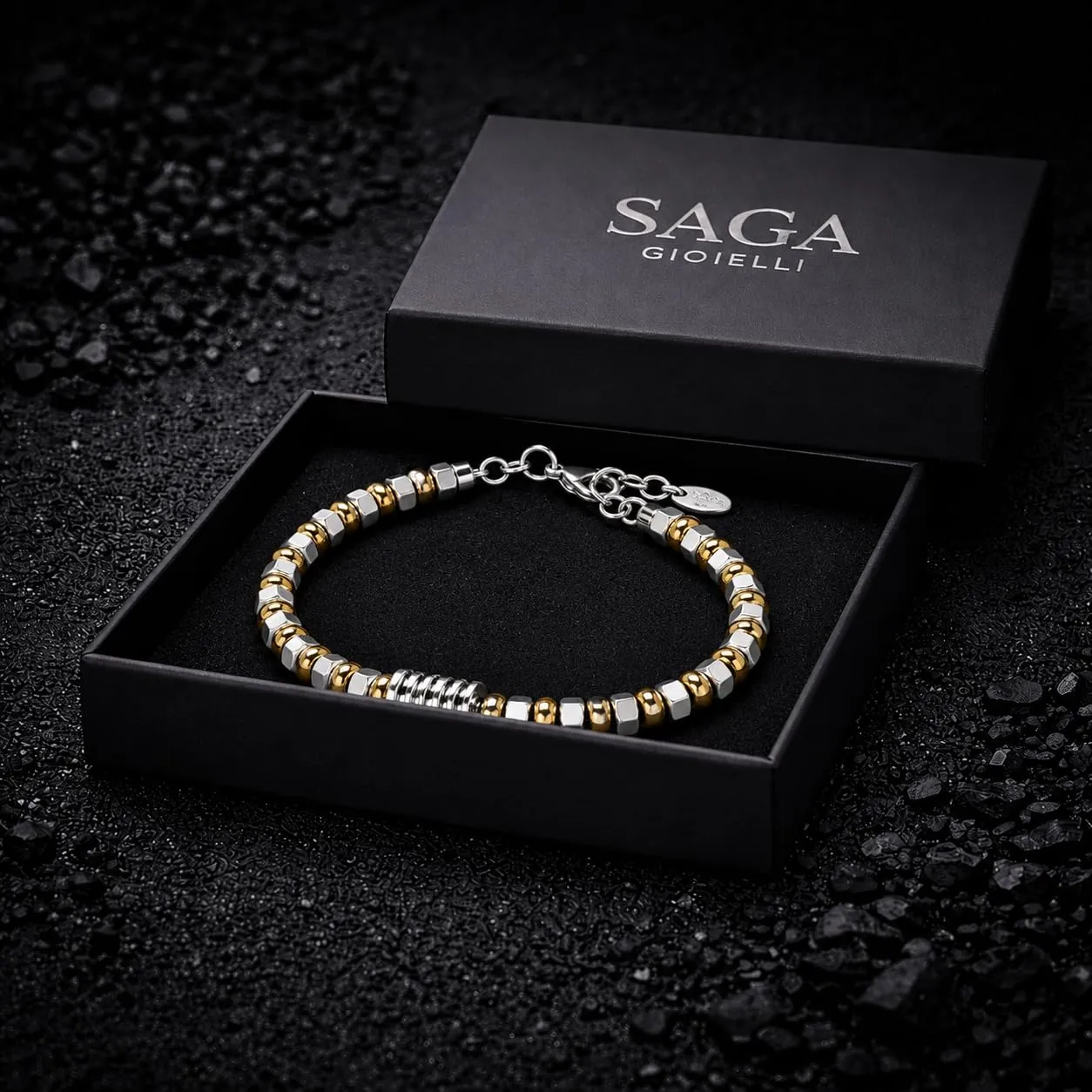 SAGA GIOIELLI Bracciale Uomo in Acciaio Inossidabile Regolabile 17,5 + 3,5 cm Dorato-Argento - immagine 6