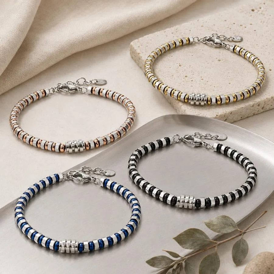 SAGA GIOIELLI Bracciale Uomo in Acciaio Inossidabile Regolabile 17,5 + 3,5 cm Dorato-Argento - immagine 7