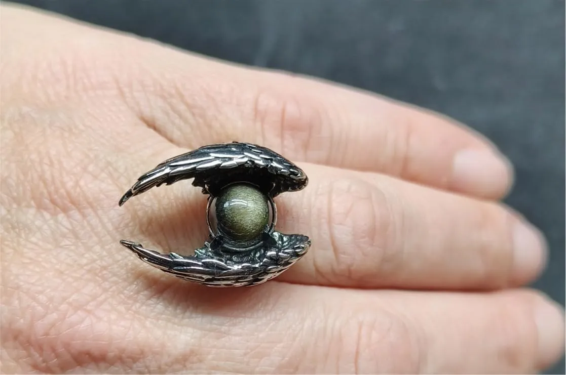 Generico Anello Regolabile in Pietra Dura Naturale Ali di Angelo Ossidiana Gold - immagine 2