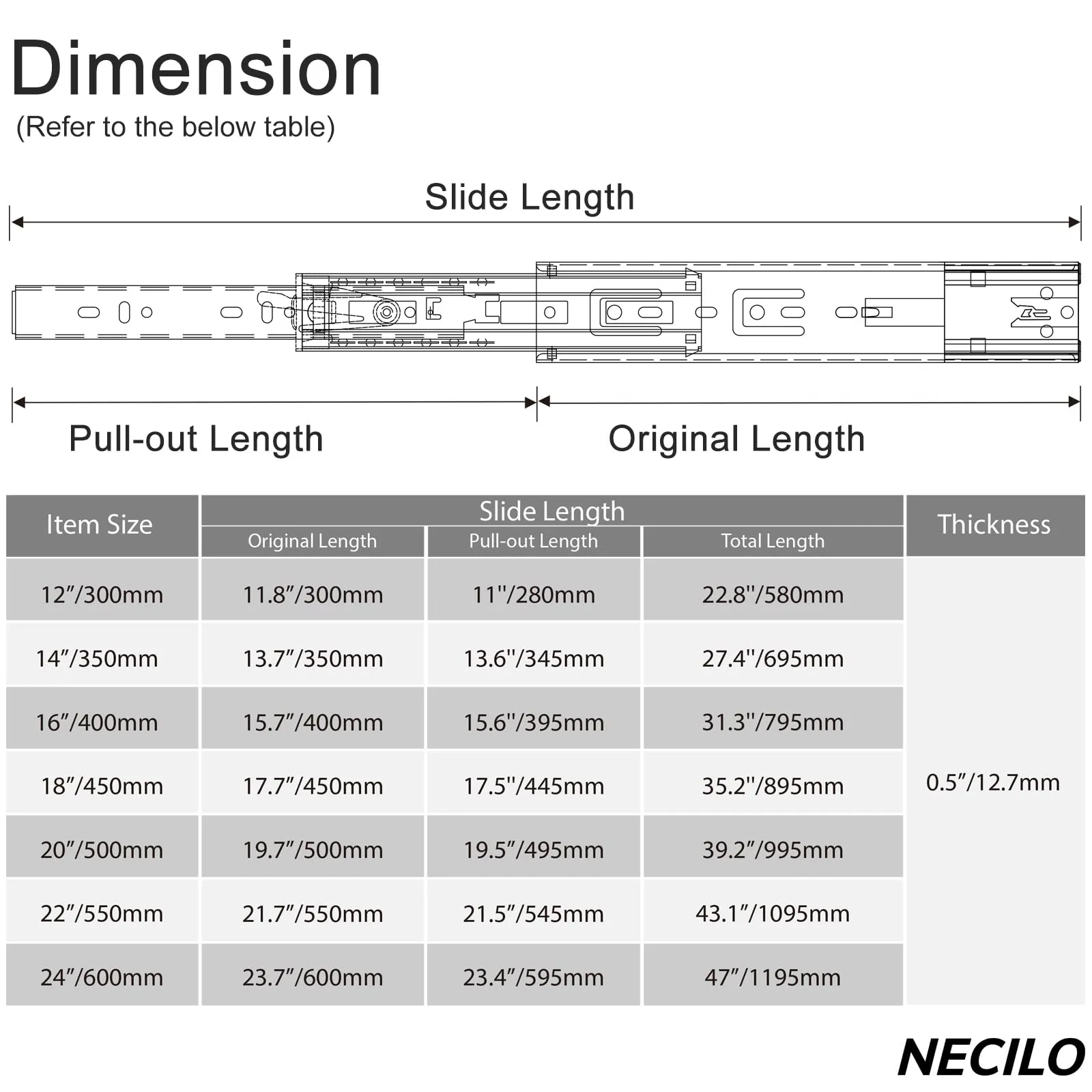 NECILO Guide Push-to-Open per Cassetti, 500 mm, Estrazione Totale, F45 - immagine 2