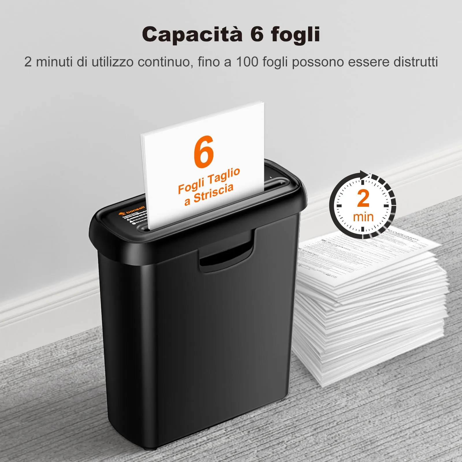 Bonsaii Distruggidocumenti a Strisce, 6 Fogli, Braccio Telescopico, S123-A - immagine 2