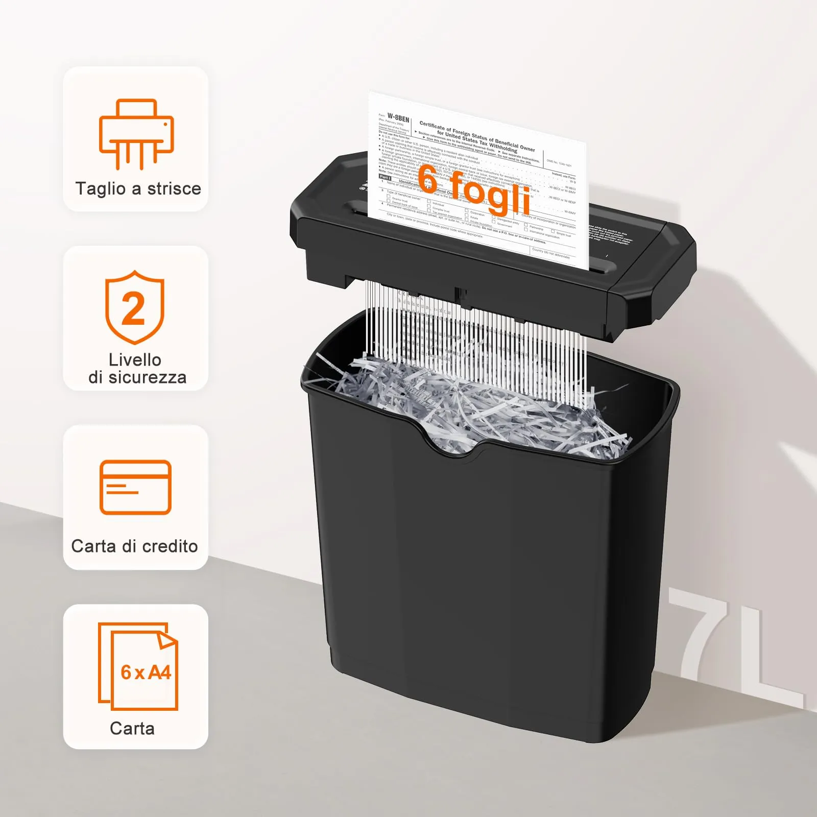 Bonsaii Distruggidocumenti 6 Fogli Taglio a Strisce, P2, 7L, Nero - immagine 2