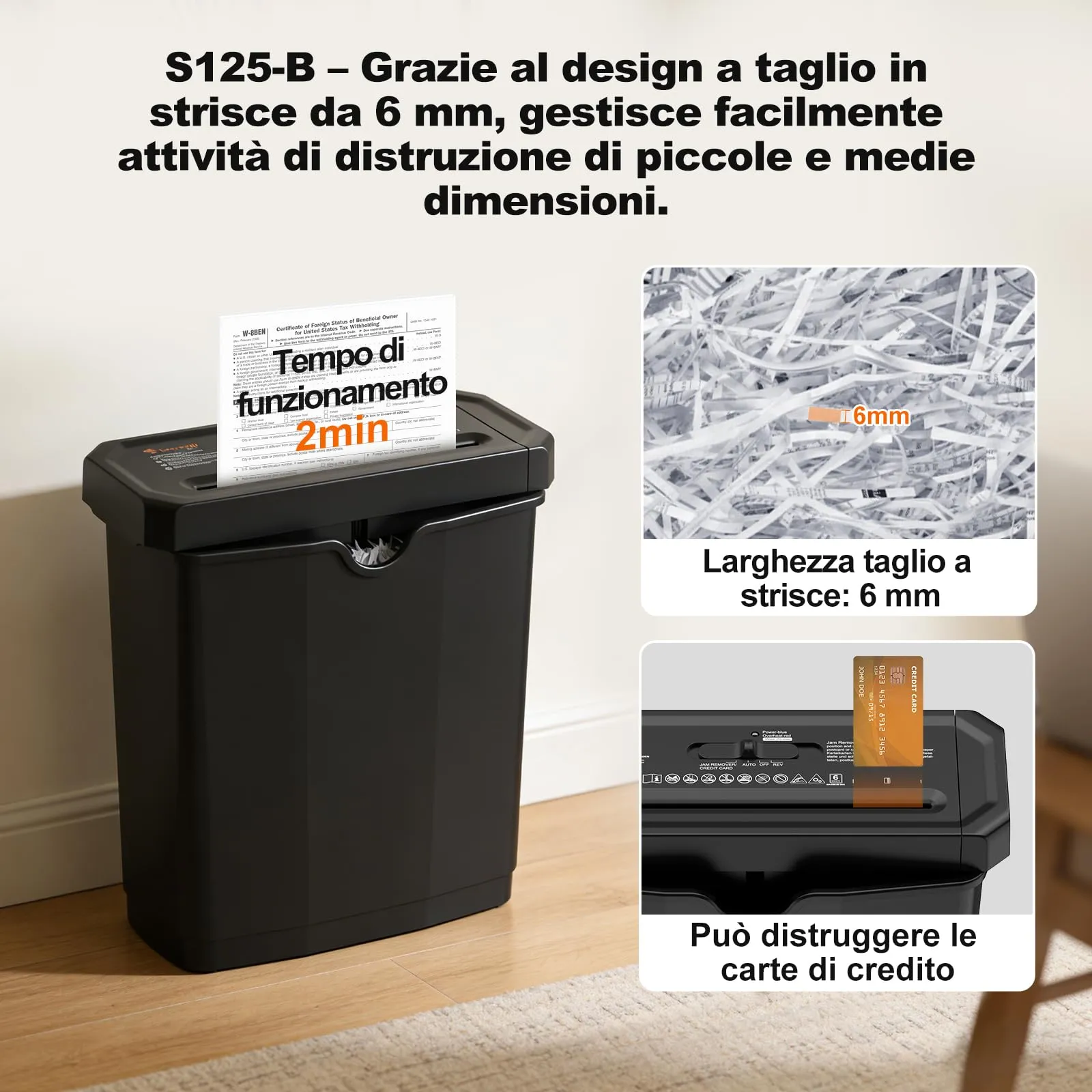 Bonsaii Distruggidocumenti 6 Fogli Taglio a Strisce, P2, 7L, Nero - immagine 4