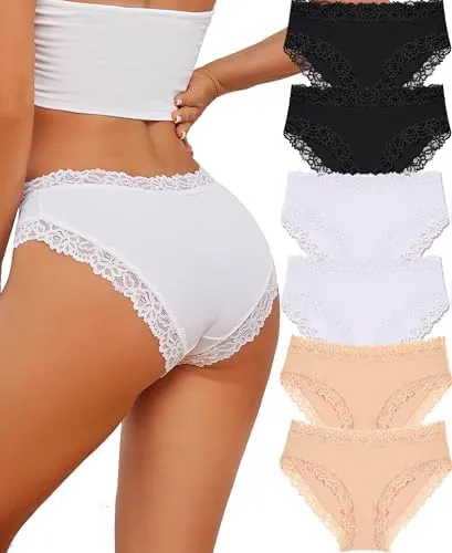 ALL OF SHE Biancheria Intima da Donna in Cotone, Slip Brasiliani e Hipster in Pizzo, 6 Pezzi, S - immagine 1