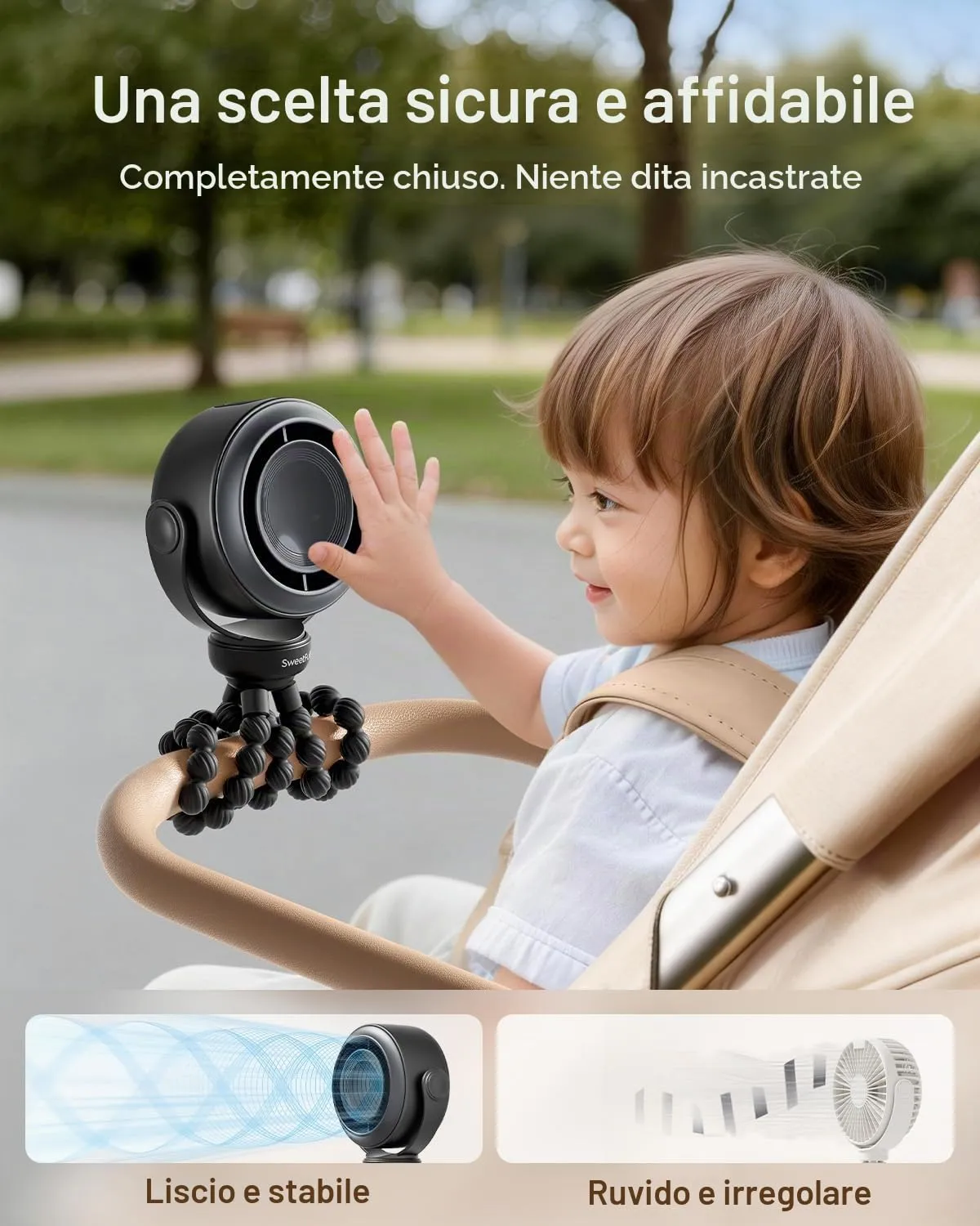 SWEETFULL Ventilatore Portatile per Passeggino, Mini Ventilatore a Clip Silenzioso a 5 Velocità, Batteria 10h, USB-C con Display LED - immagine 2