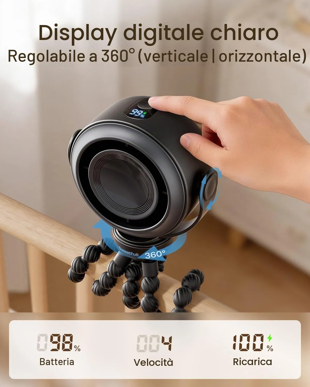 SWEETFULL Ventilatore Portatile per Passeggino, Mini Ventilatore a Clip Silenzioso a 5 Velocità, Batteria 10h, USB-C con Display LED - immagine 5