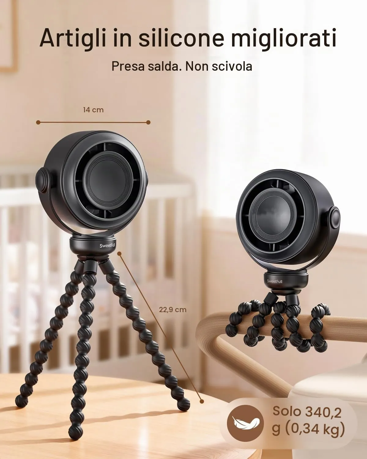 SWEETFULL Ventilatore Portatile per Passeggino, Mini Ventilatore a Clip Silenzioso a 5 Velocità, Batteria 10h, USB-C con Display LED - immagine 6