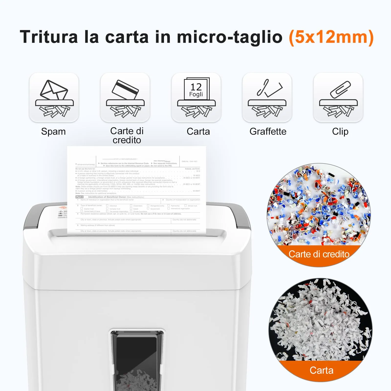 Bonsaii Distruggidocumenti 12 Fogli Micro Taglio, Cestino 21L - immagine 2