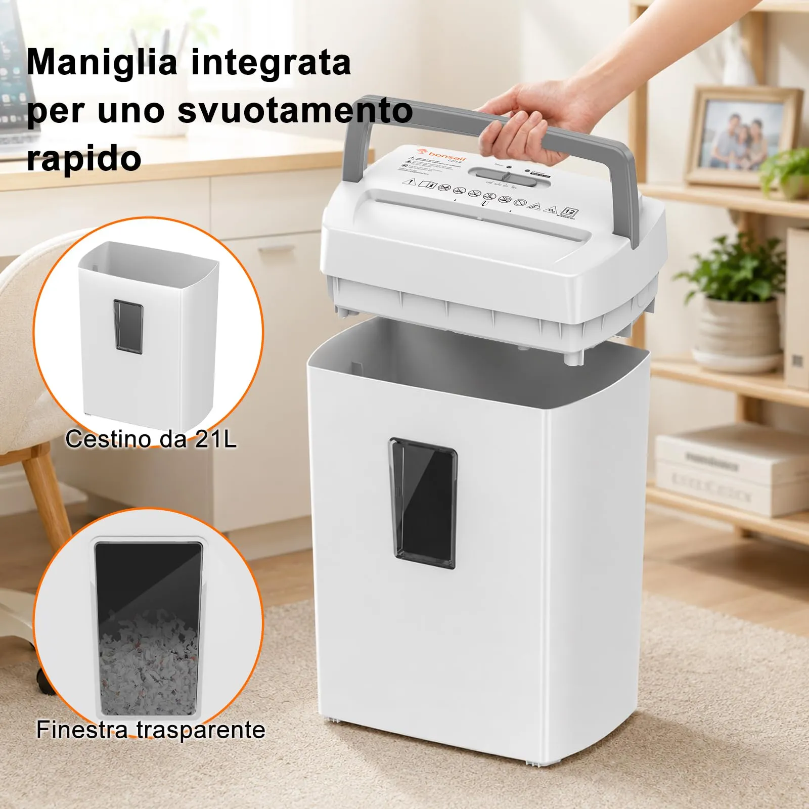 Bonsaii Distruggidocumenti 12 Fogli Micro Taglio, Cestino 21L - immagine 5