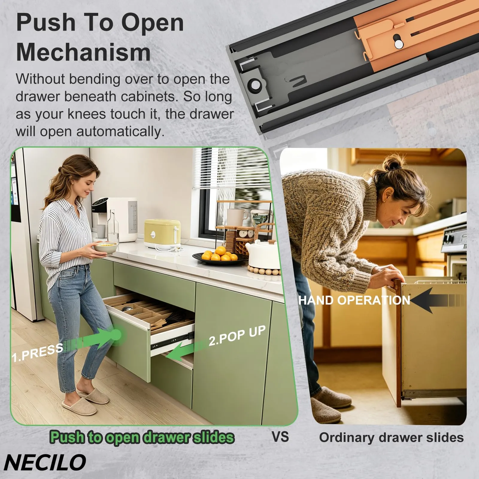 Necilo Guide Push-to-Open per Cassetti, 400 mm, Estrazione Totale - immagine 3