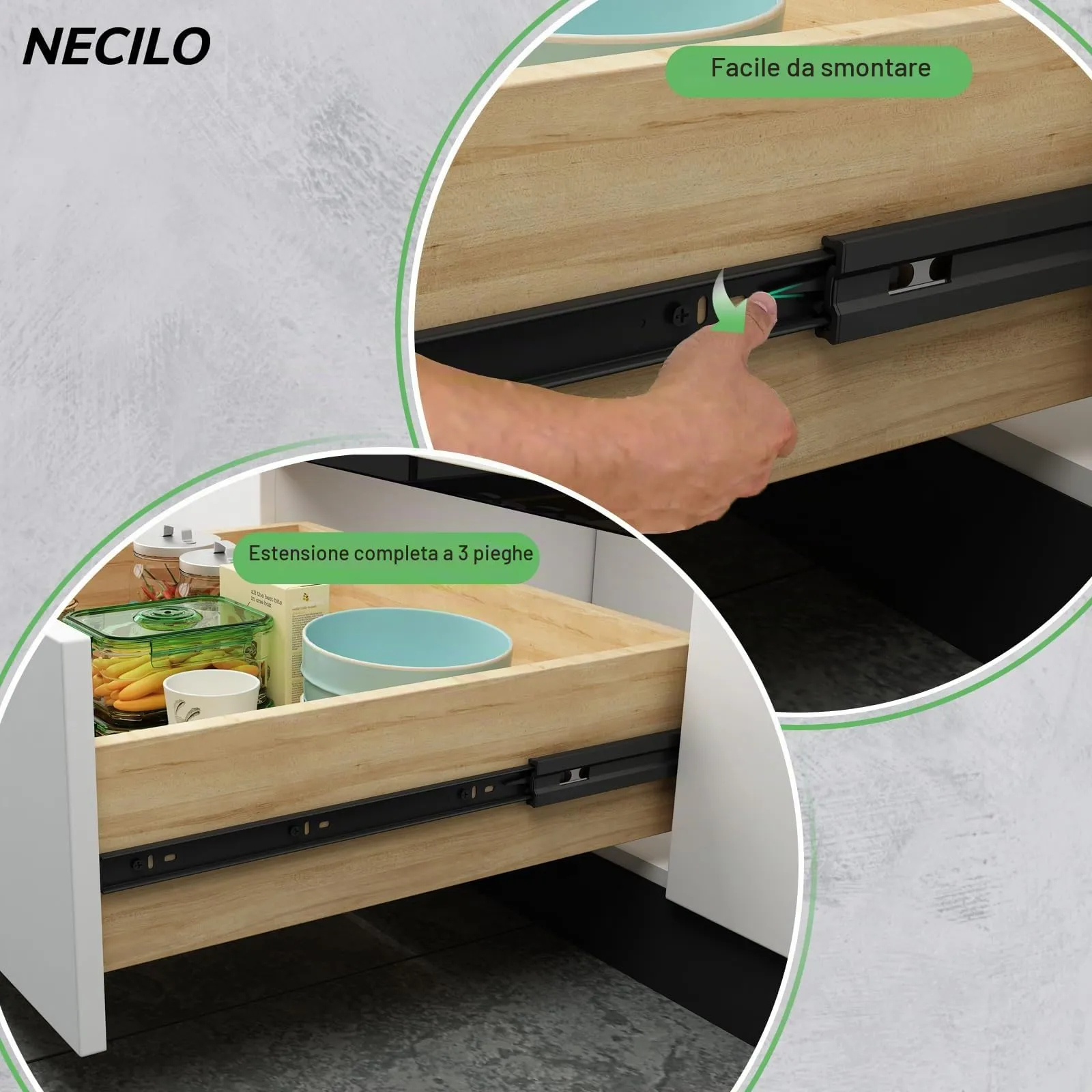 Necilo Guide Push-to-Open per Cassetti, 400 mm, Estrazione Totale - immagine 5