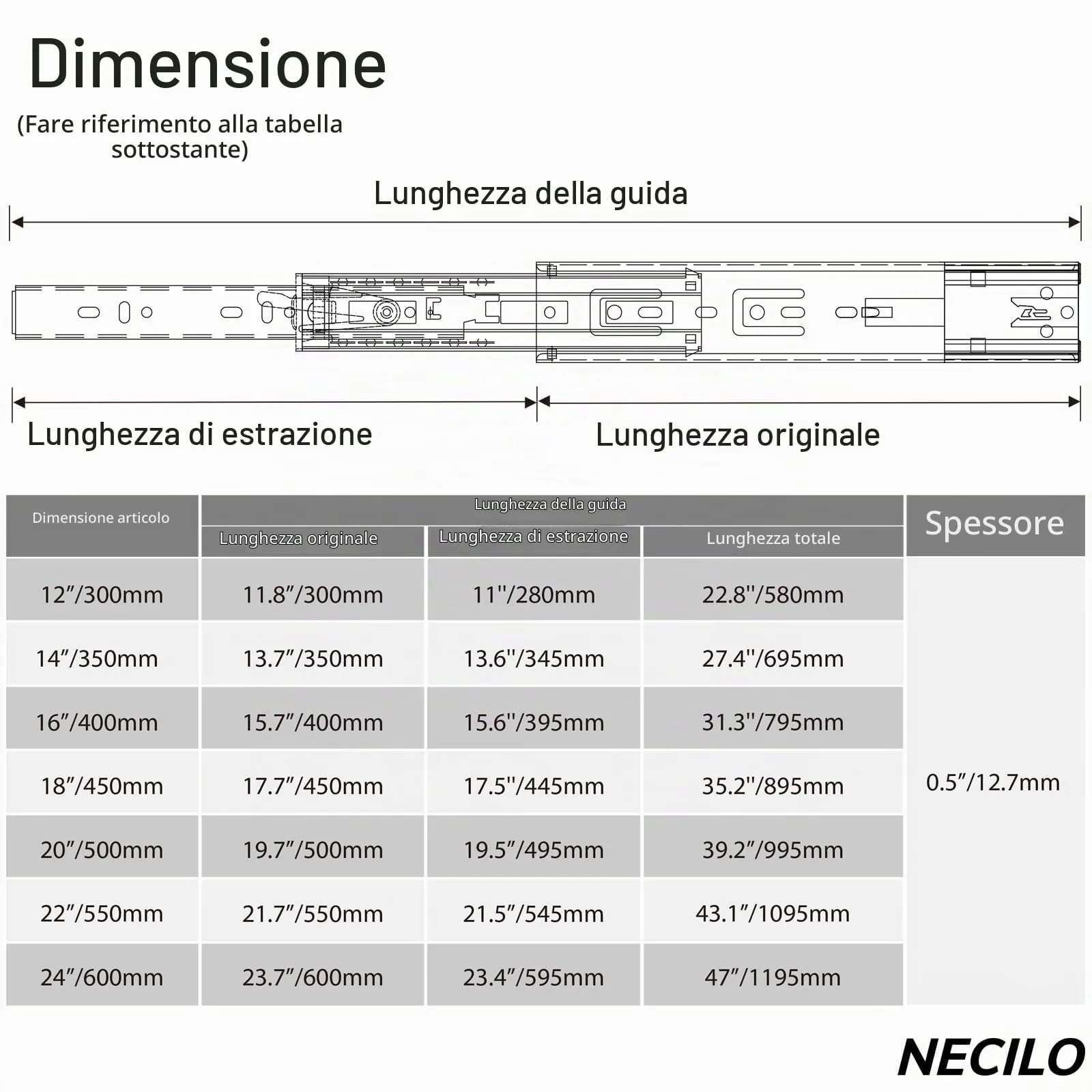 NECILO Guide Push-to-Open per Cassetti 500mm Estrazione Totale F45 - immagine 2