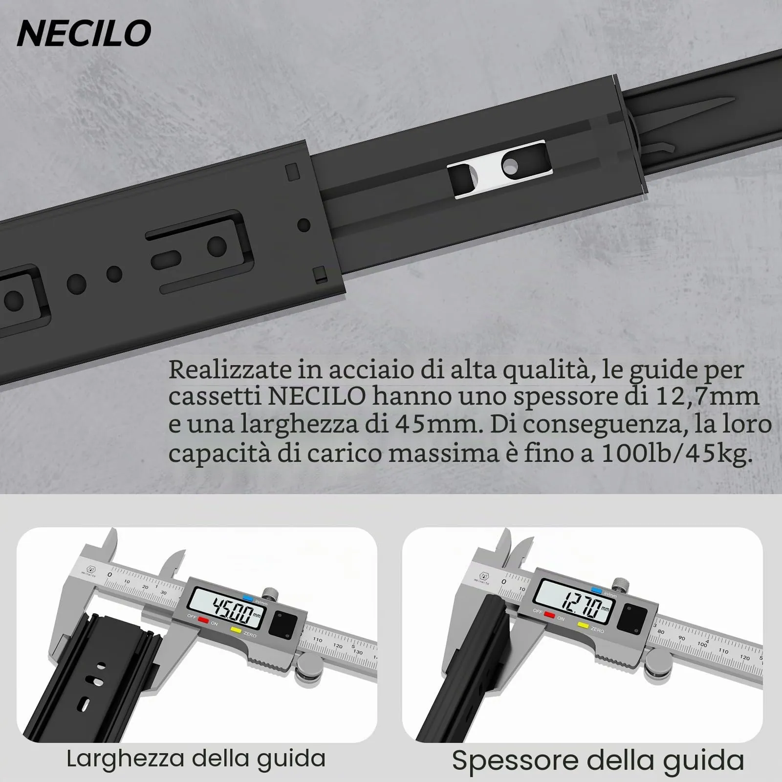 NECILO Guide Push-to-Open per Cassetti, 450 mm, Estrazione Totale - immagine 3