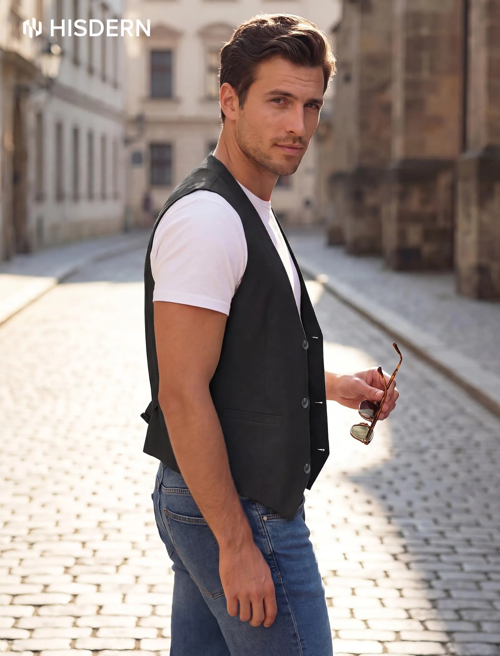 HISDERN Gilet da uomo in cotone e lino, Nero, XL - immagine 8