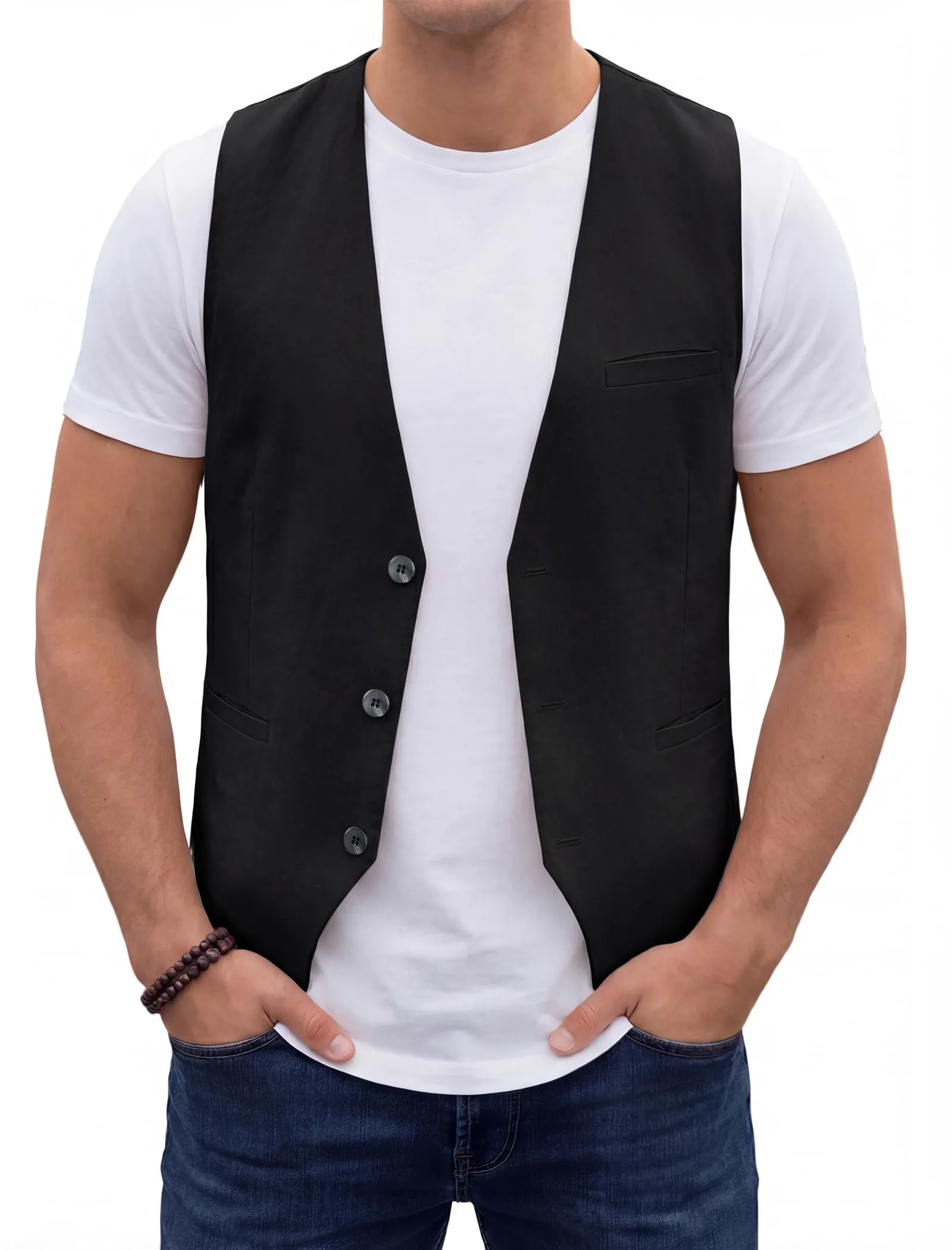 HISDERN Gilet da uomo in cotone e lino, Nero, XL - immagine 9