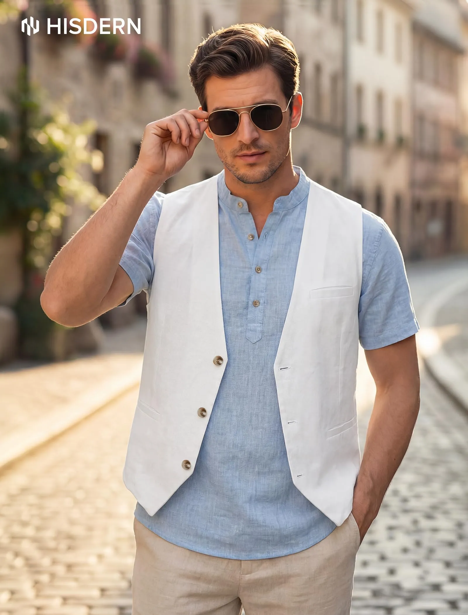 HISDERN Gilet estivo da uomo in cotone e lino Bianco L - immagine 8