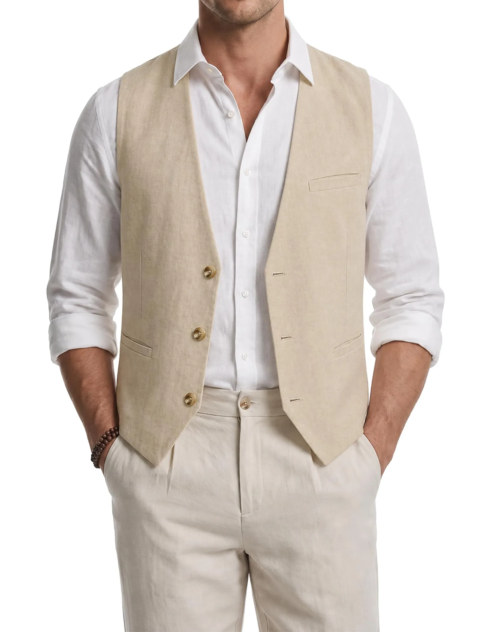 HISDERN Gilet da uomo in cotone e lino, Champagne, M - immagine 1
