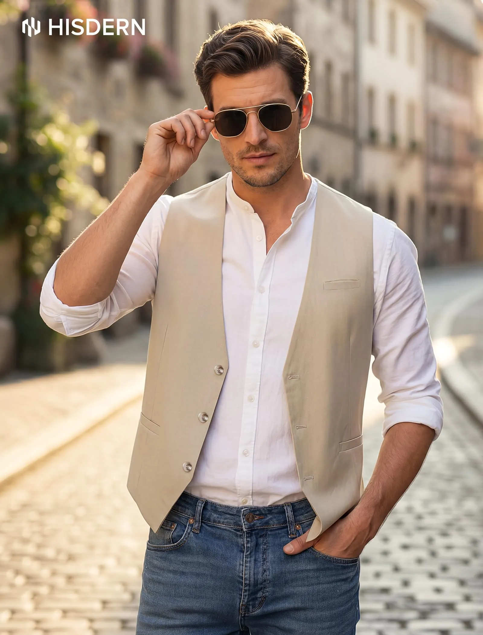 HISDERN Gilet da uomo in cotone e lino, Champagne, M - immagine 3