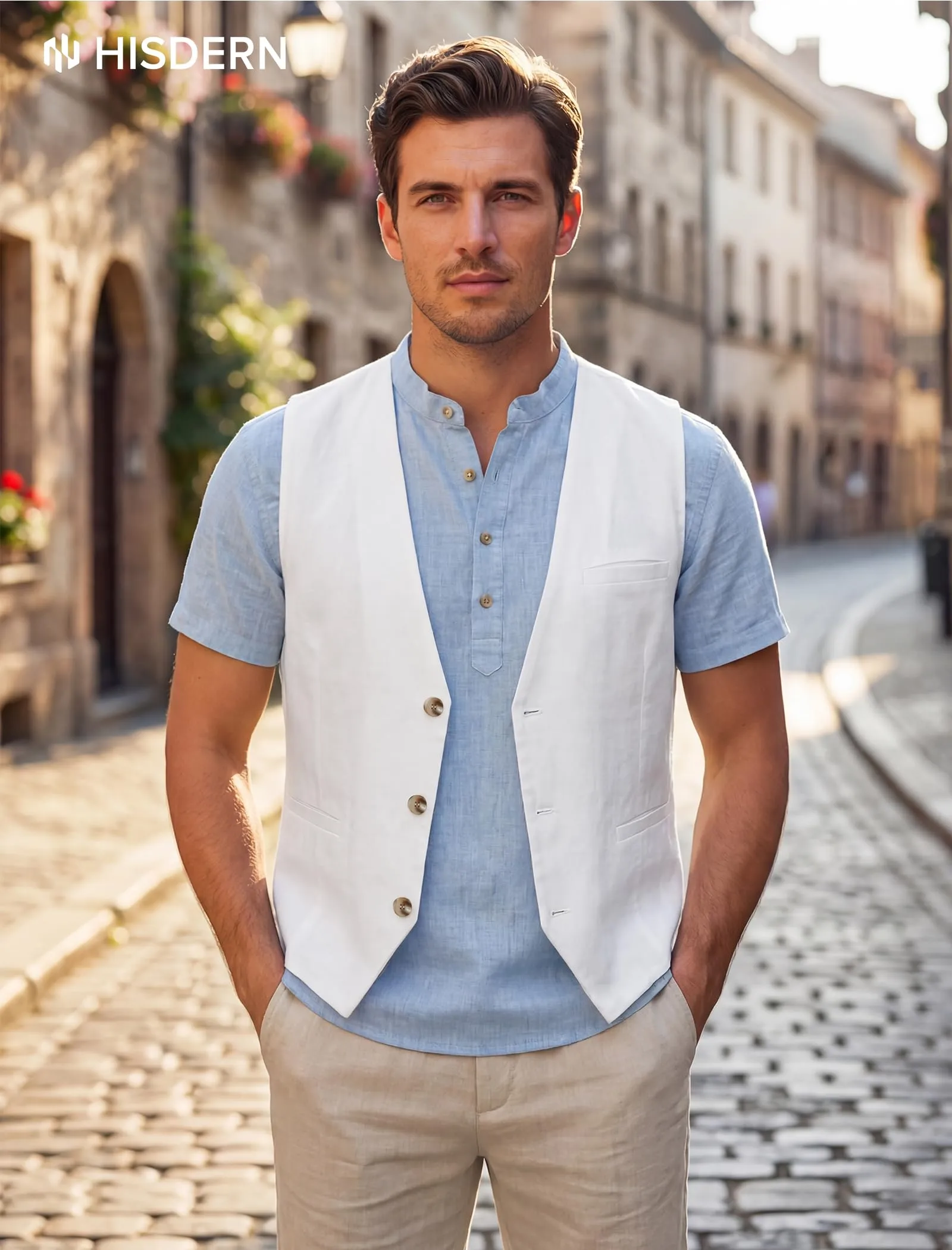 HISDERN Gilet da uomo in cotone e lino Bianco, XL - immagine 7