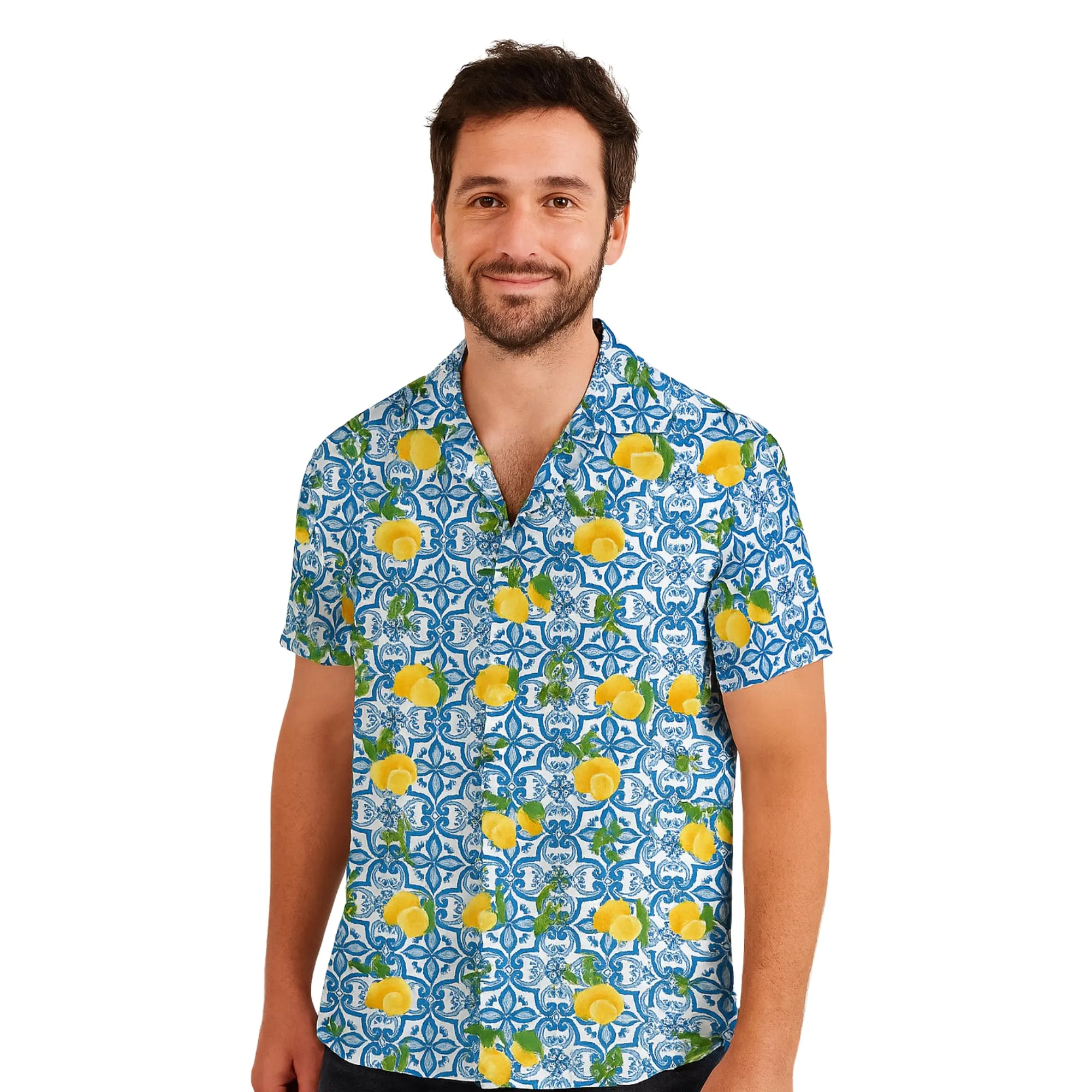DIVINA Camicia Uomo Estiva Maniche Corte Regular Fit Stampa Lemon Blue XL - immagine 1