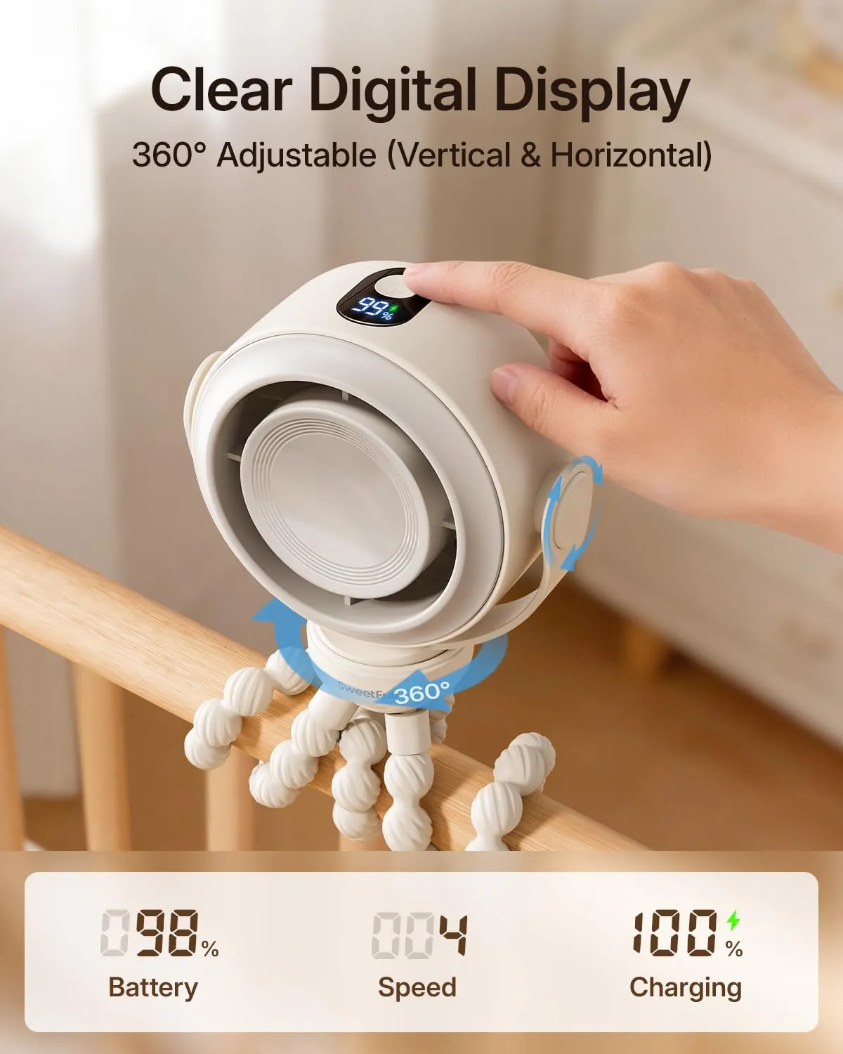 SWEETFULL Ventilatore Portatile per Passeggino, Mini Ventilatore a Clip Silenzioso, 5 Velocità, Batteria 10H, Ricaricabile USB-C con Display LED, Colore Crema - immagine 2