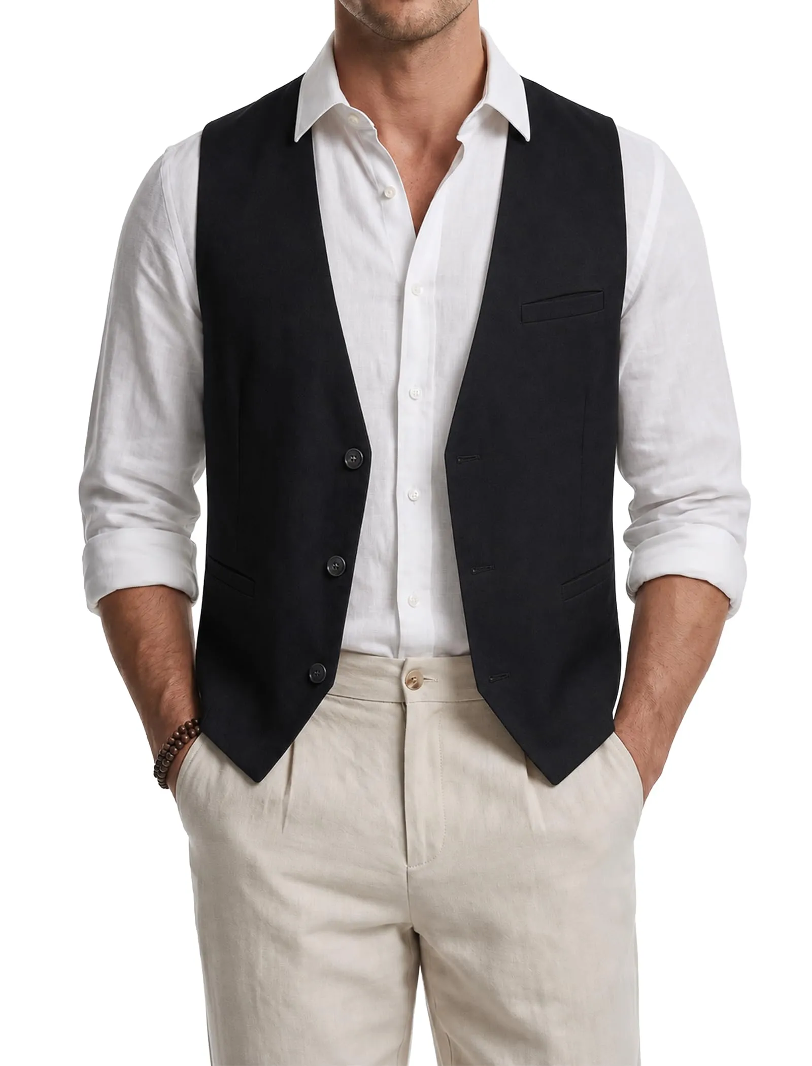HISDERN Gilet da uomo in cotone e lino, Nero, M - immagine 1