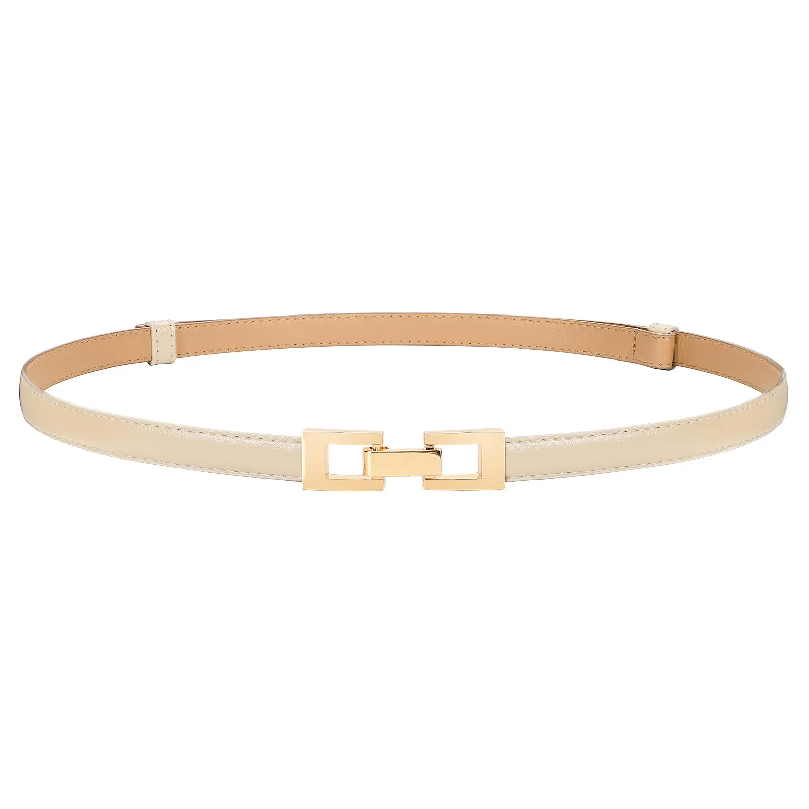 LEACOOLKEY Cintura Donna Sottile in Pelle con Fibbia Dorata, Beige, 1,5 cm x 100 cm - immagine 1