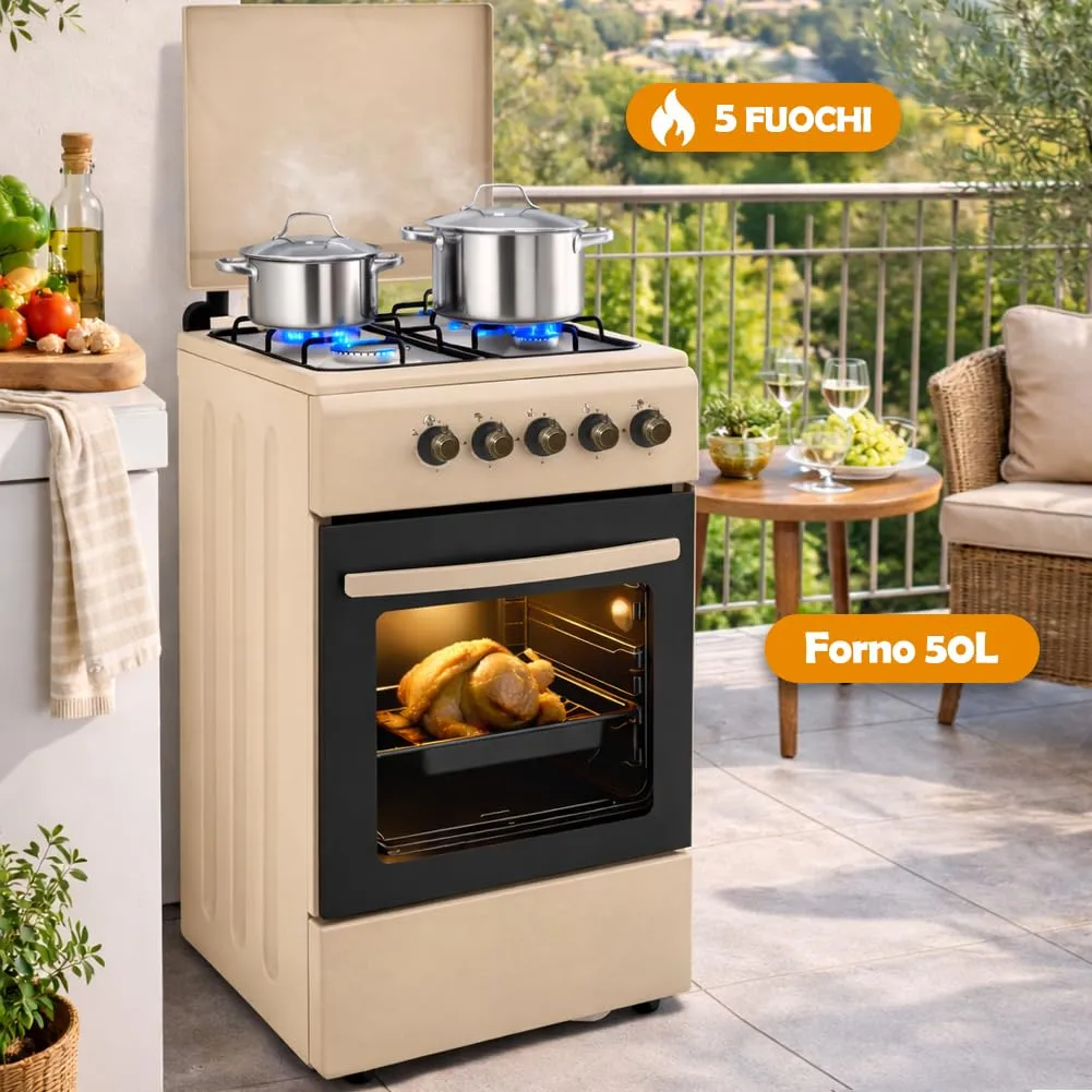BAKAJI Cucina da Esterno a Gas con Forno e 4 Fuochi, Griglie in Ghisa e Mobile, Beige - immagine 2