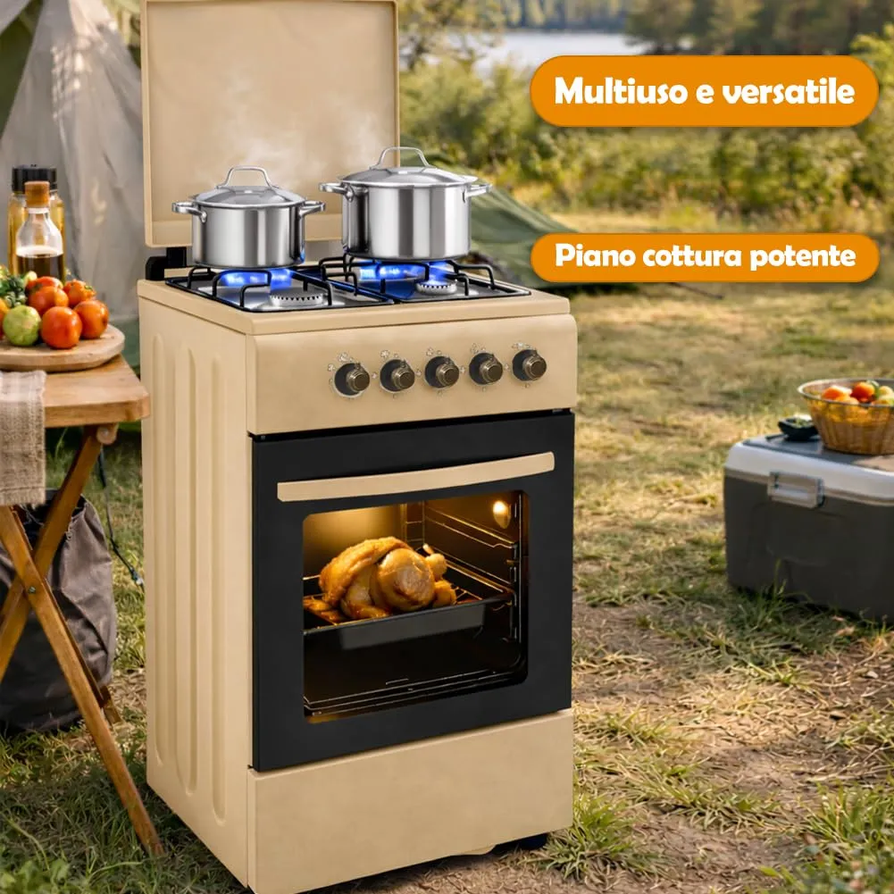 BAKAJI Cucina da Esterno a Gas con Forno e 4 Fuochi, Griglie in Ghisa e Mobile, Beige - immagine 3