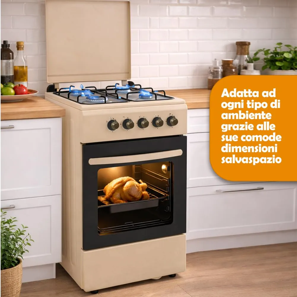 BAKAJI Cucina da Esterno a Gas con Forno e 4 Fuochi, Griglie in Ghisa e Mobile, Beige - immagine 4