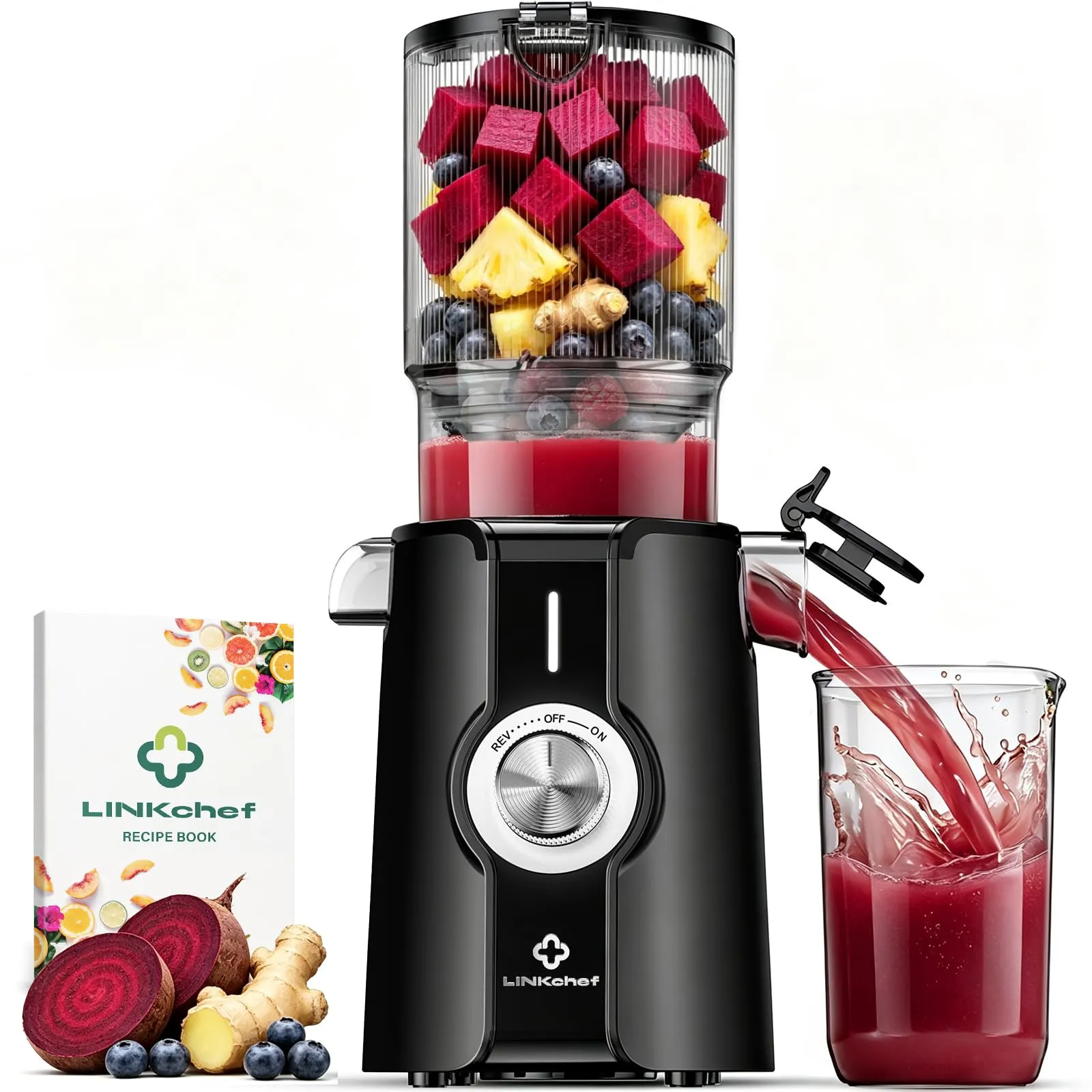 LINKChef Estrattore di succo per frutta e verdura, apertura 115 mm, 1,2 L, 200 W, Slow Juicer, senza BPA, verde chiaro - immagine 1