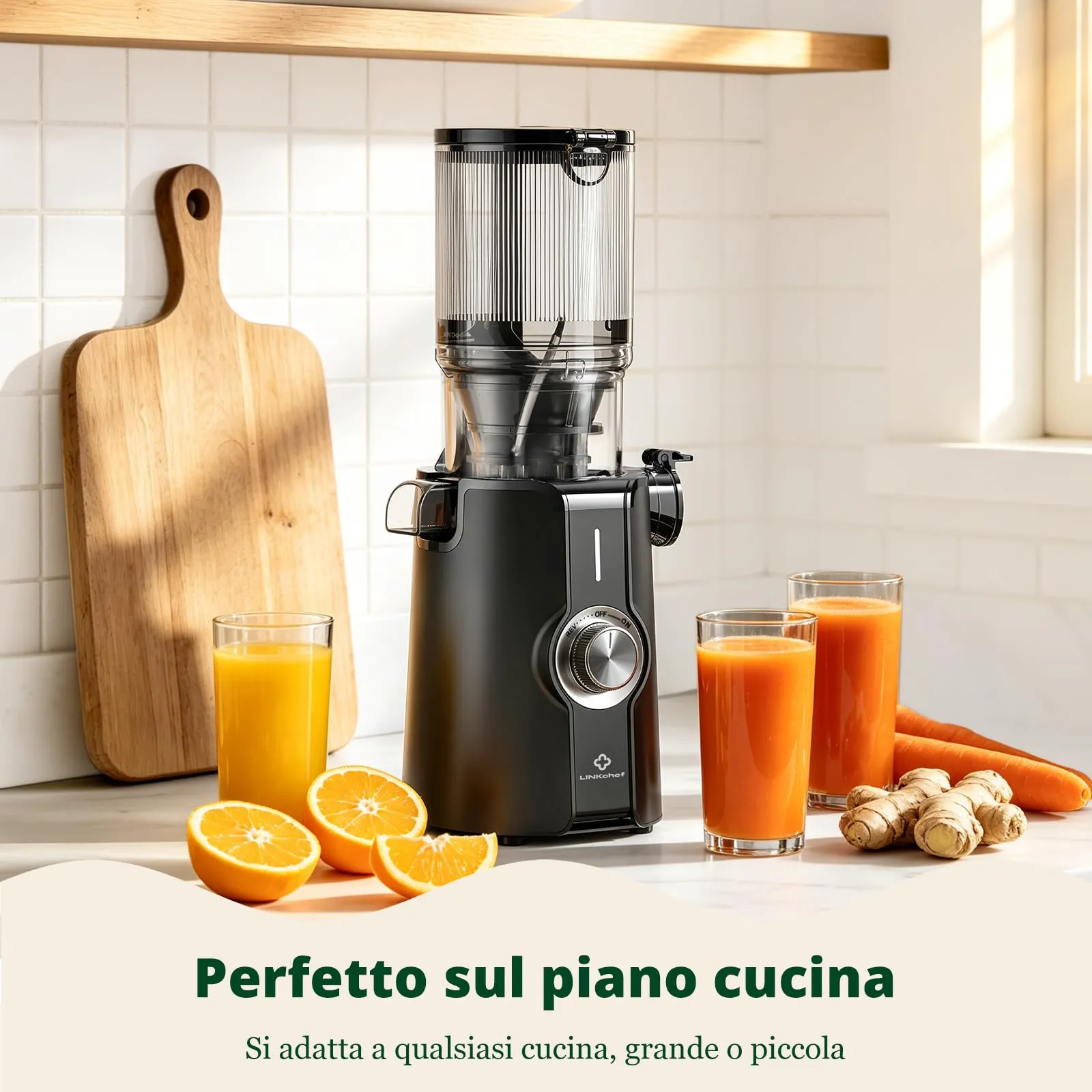 LINKChef Estrattore di succo per frutta e verdura, apertura 115 mm, 1,2 L, 200 W, Slow Juicer, senza BPA, verde chiaro - immagine 9