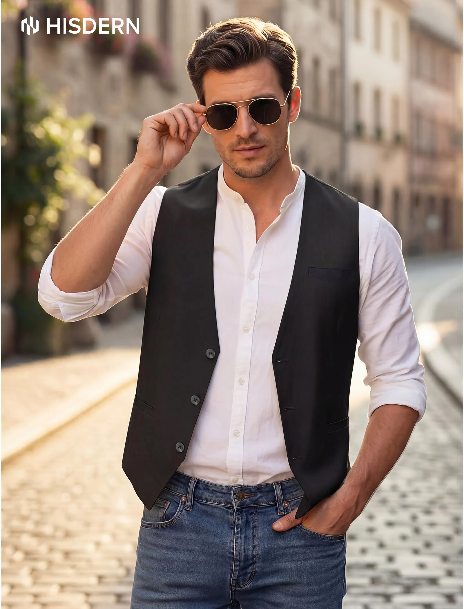 HISDERN Gilet da uomo in cotone e lino, Nero, L - immagine 3
