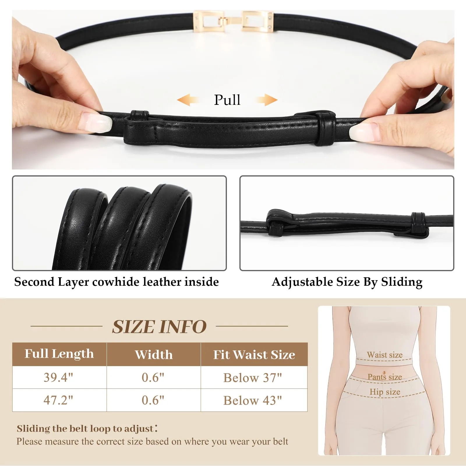LEACOOLKEY Cintura Donna Sottile in Pelle con Fibbia Dorata, 1,5 cm, Nero, 100 cm - immagine 4