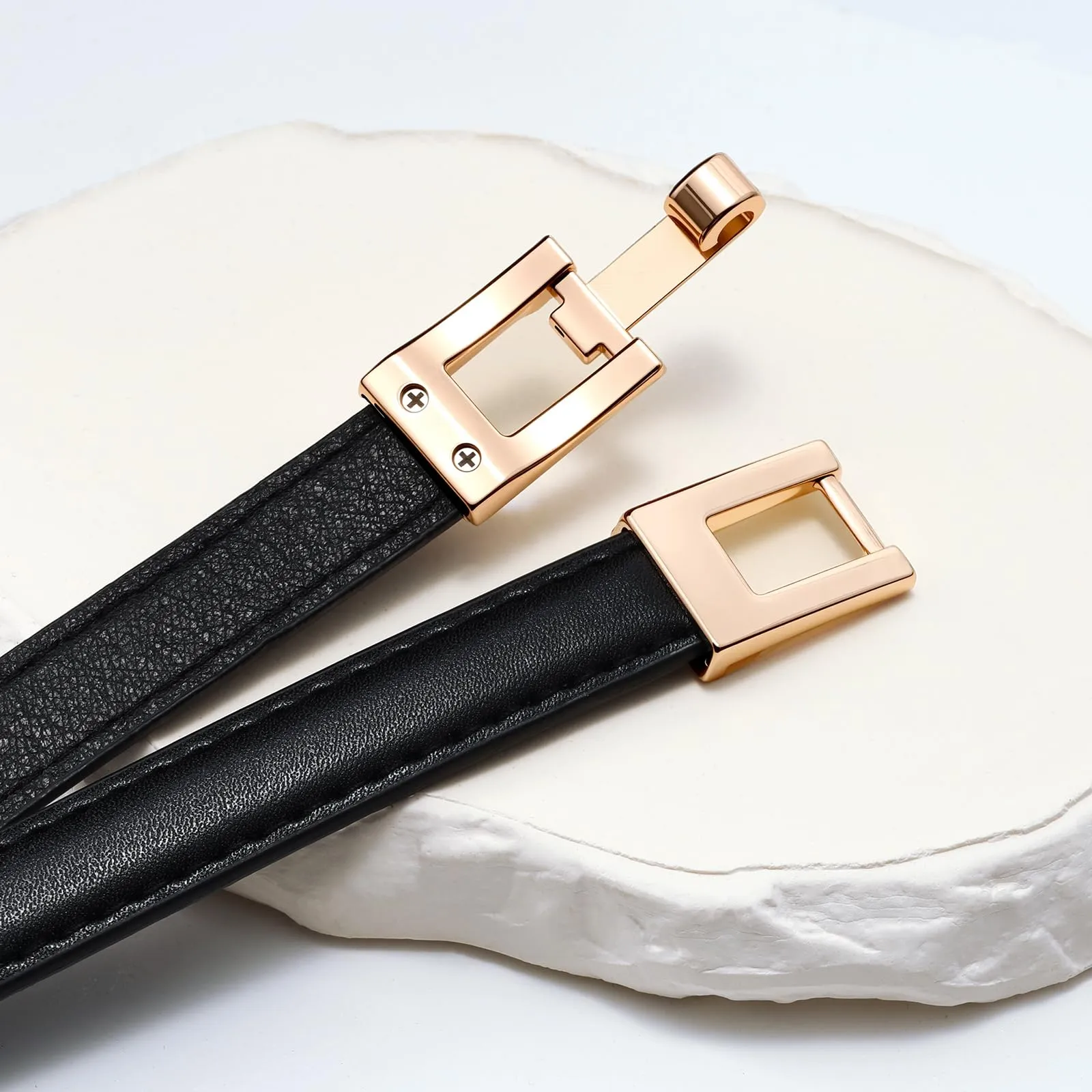 LEACOOLKEY Cintura Donna Sottile in Pelle con Fibbia Dorata, 1,5 cm, Nero, 100 cm - immagine 5