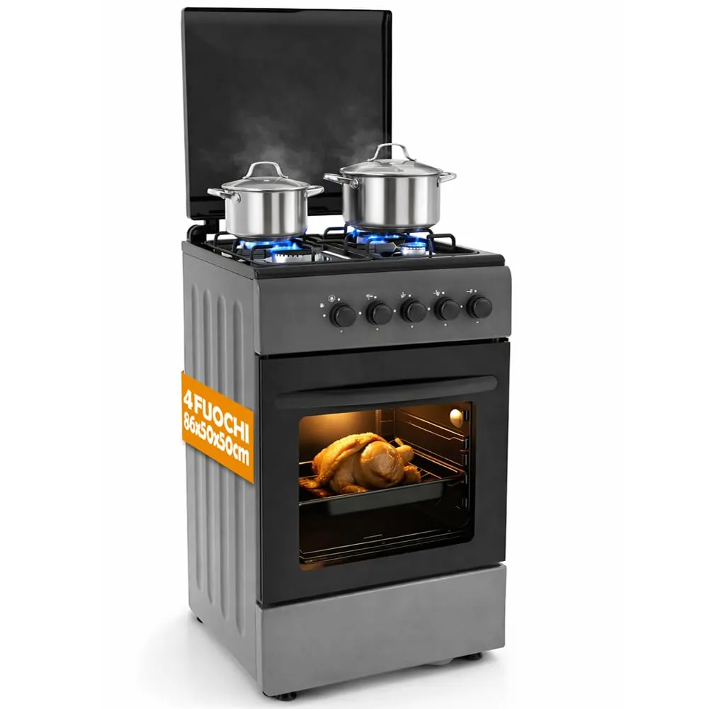 BAKAJI Cucina da Esterno a Gas con Forno e 4 Fuochi, Griglie in Ghisa e Mobile, Grigio - immagine 1