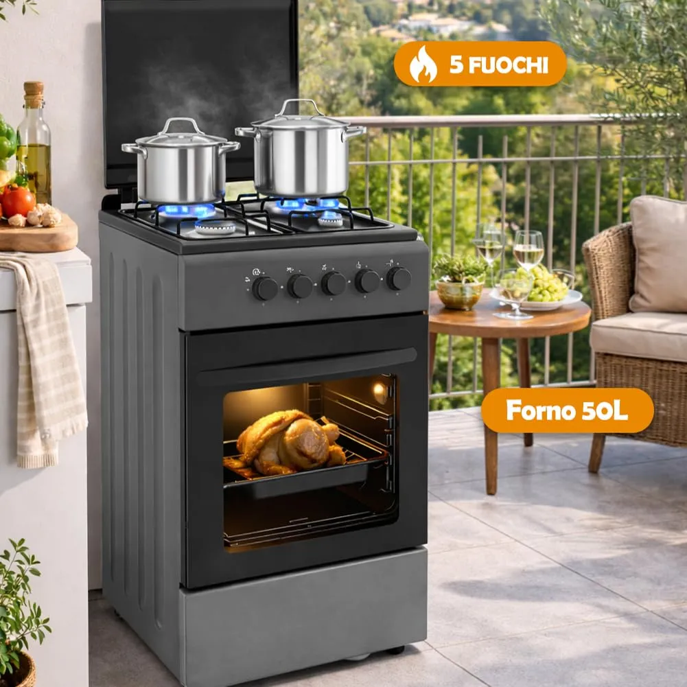 BAKAJI Cucina da Esterno a Gas con Forno e 4 Fuochi, Griglie in Ghisa e Mobile, Grigio - immagine 2