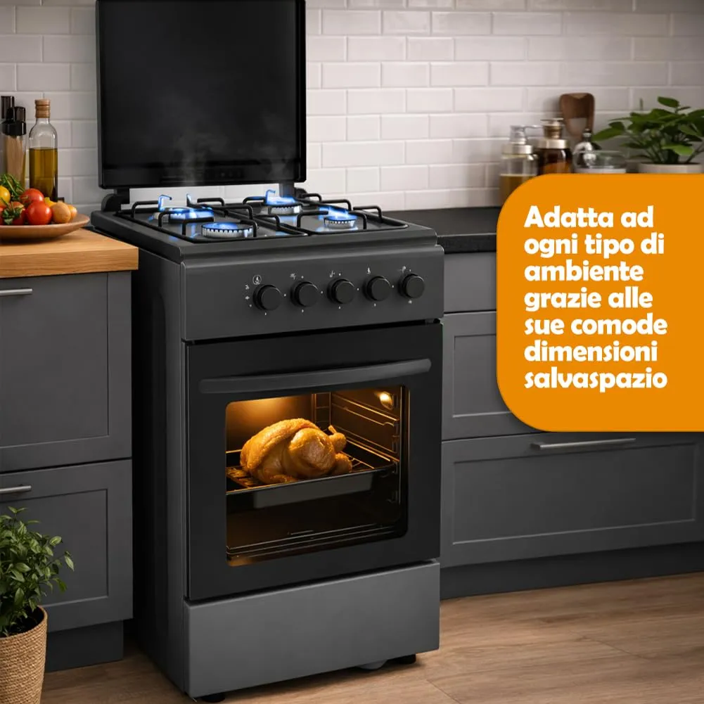 BAKAJI Cucina da Esterno a Gas con Forno e 4 Fuochi, Griglie in Ghisa e Mobile, Grigio - immagine 3