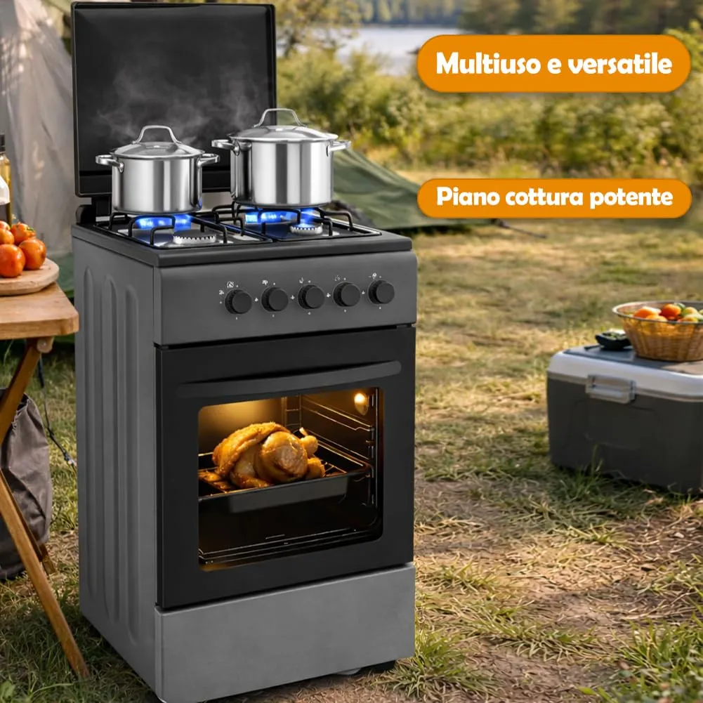 BAKAJI Cucina da Esterno a Gas con Forno e 4 Fuochi, Griglie in Ghisa e Mobile, Grigio - immagine 4